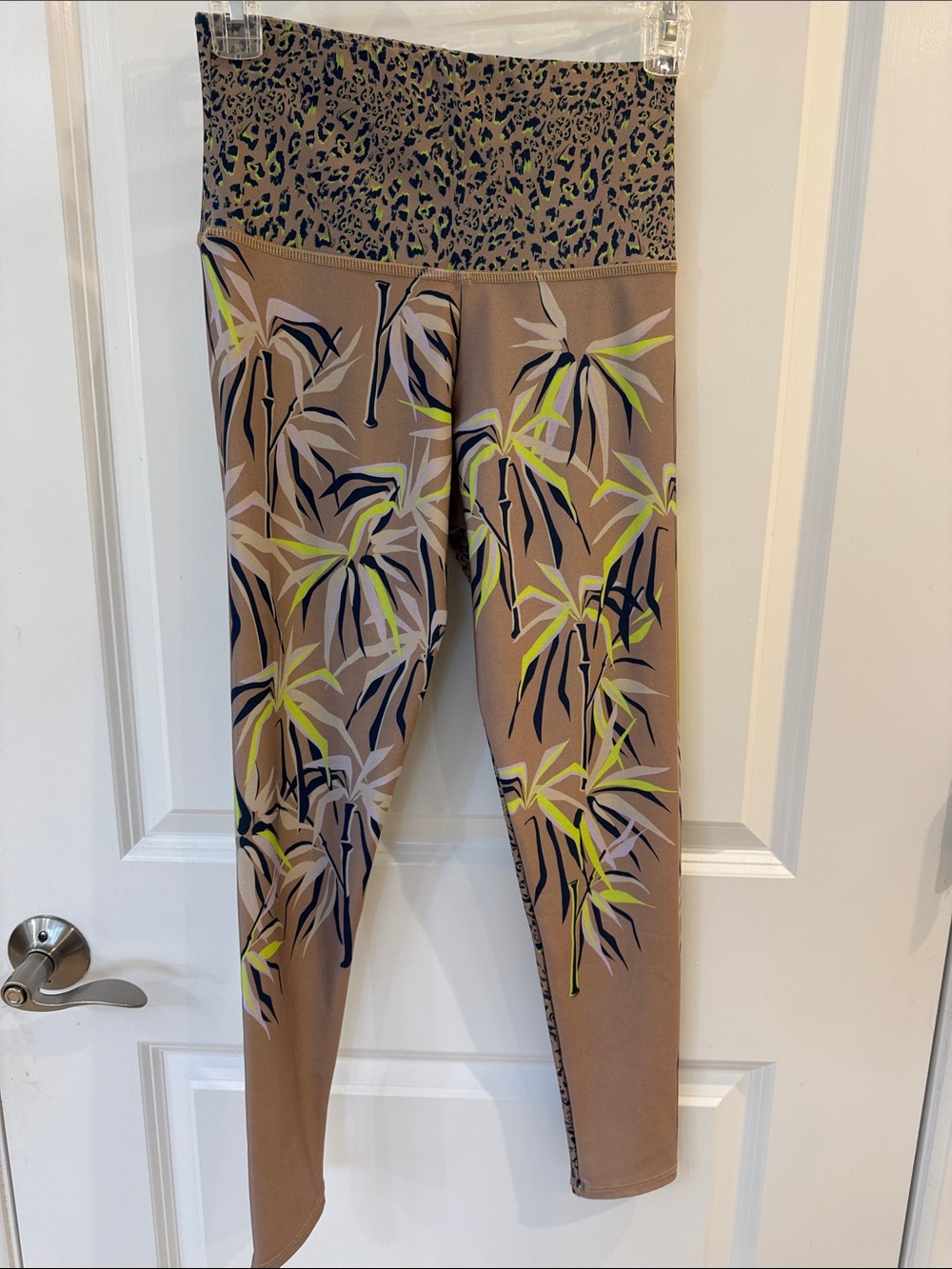 Onzie Beige Leggings with Neon Yellow & Black Leaf Print